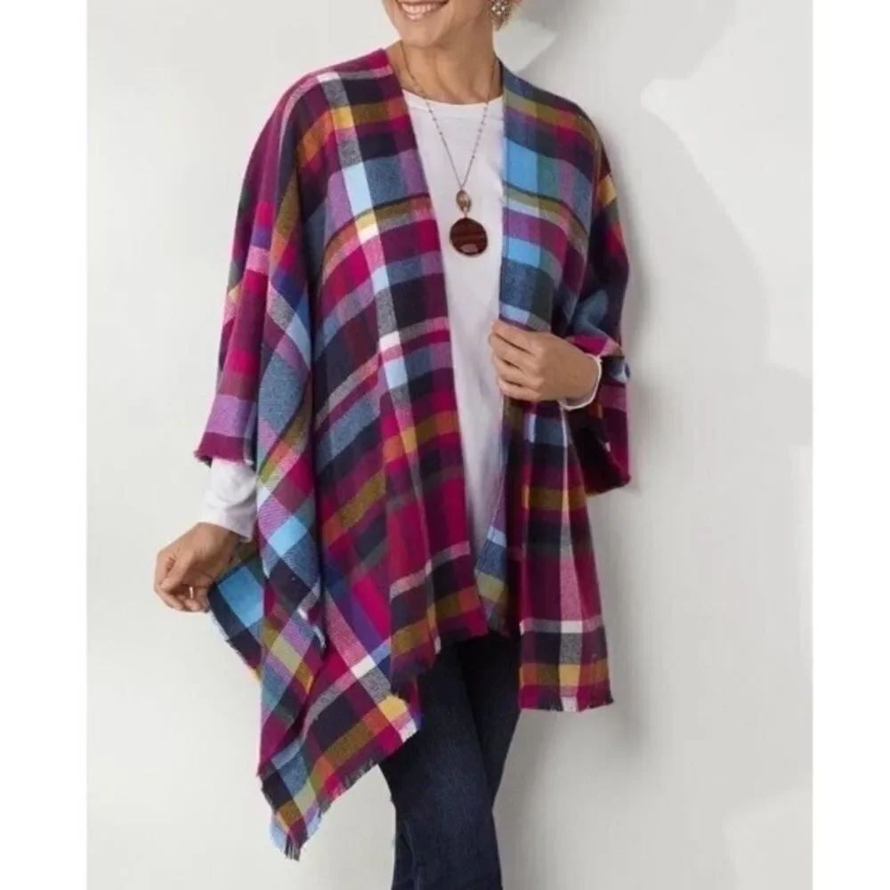 Soft Surroundings Oodles Fringe Multicolor Plaid Shawl Wrap Topper Poncho